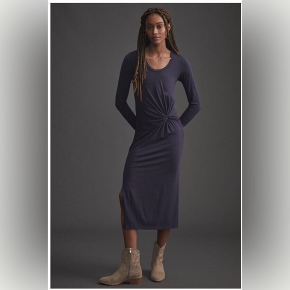 ANTHROPOLOGIE Sundry Twist-Front Side Slit Navy Blue Long Sleeve Midi Dress 2/M - Picture 1 of 12